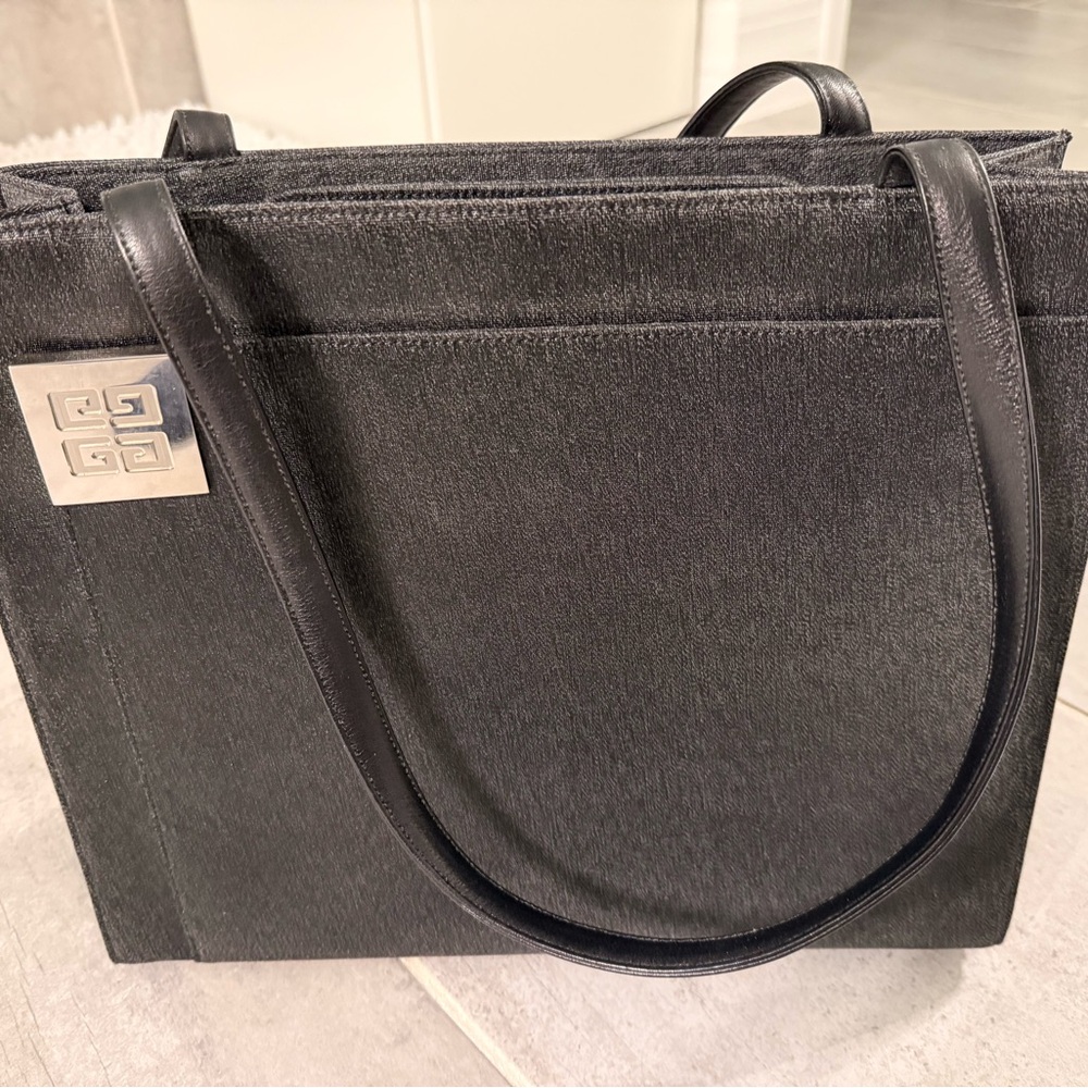 Authentic Givenchy Black Leather Tote Bag with Silver Logo